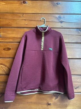 L.L. Bean Men's Burgundy Ribbed Quarter‑Snap Pullover with Beige Trim